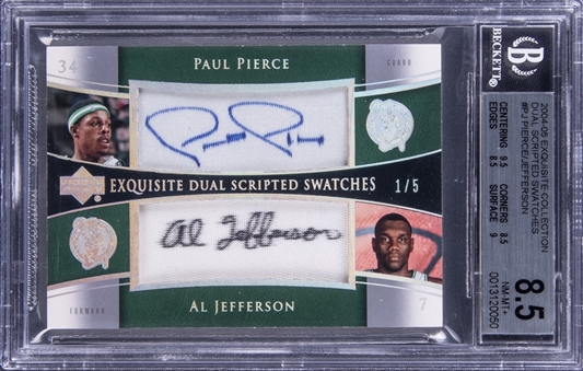 2004-05 UD "Exquisite Collection" Dual Scripted Swatches #PJ Paul Pierce/ Al Jefferson Dual Signed Patch Card (#1/5) - BGS NM-MT+ 8.5/BGS 9